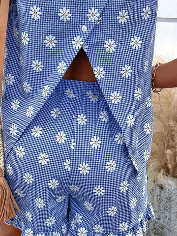 EMERY ROSE Floral Print Ruffle Trim Top & Shorts