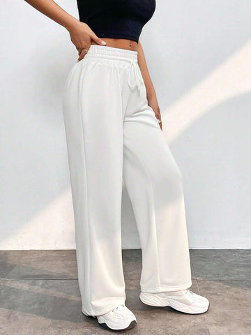 Solid Drawstring Waist Wide Leg Pants