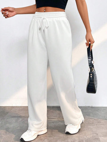 Solid Drawstring Waist Wide Leg Pants