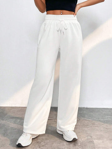 Solid Drawstring Waist Wide Leg Pants