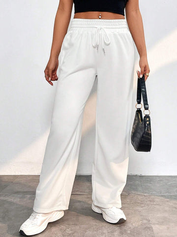 Solid Drawstring Waist Wide Leg Pants