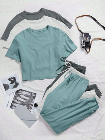 3sets Solid Tee & Tie Front Pants Lounge Set