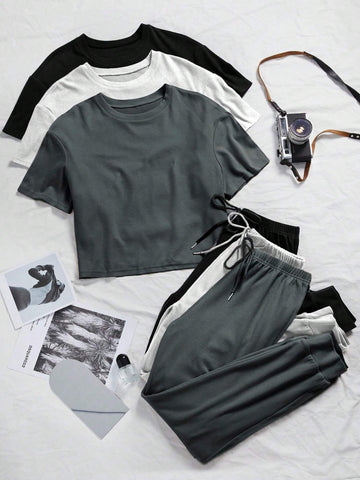 3sets Solid Tee & Tie Front Pants Lounge Set