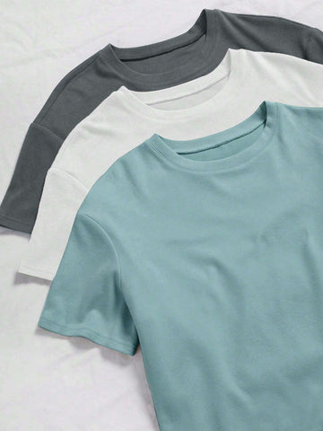 3sets Solid Tee & Tie Front Pants Lounge Set