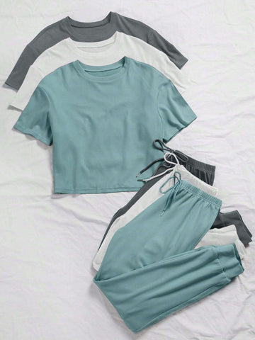 3sets Solid Tee & Tie Front Pants Lounge Set