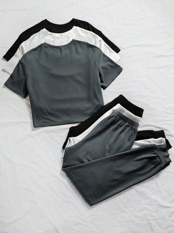 3sets Solid Tee & Tie Front Pants Lounge Set