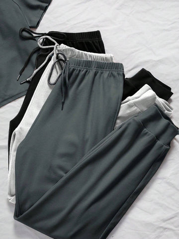 3sets Solid Tee & Tie Front Pants Lounge Set