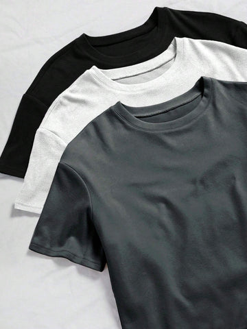 3sets Solid Tee & Tie Front Pants Lounge Set