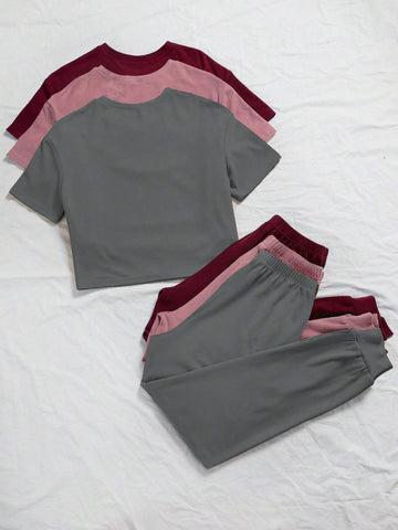 3sets Solid Tee & Tie Front Pants Lounge Set