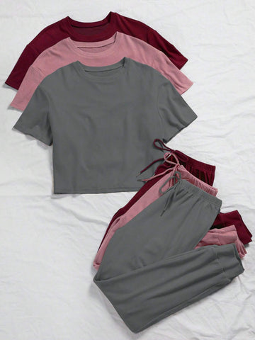 3sets Solid Tee & Tie Front Pants Lounge Set