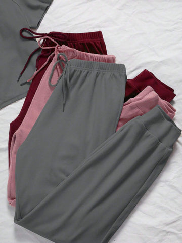 3sets Solid Tee & Tie Front Pants Lounge Set