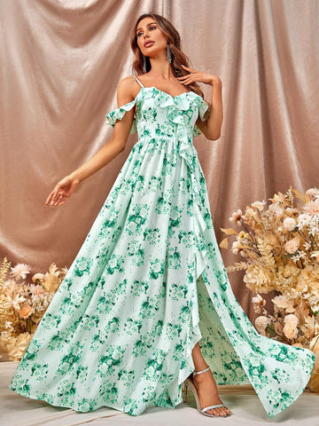 Floral Print Cold Shoulder Split Thigh Bridesmaid Dress