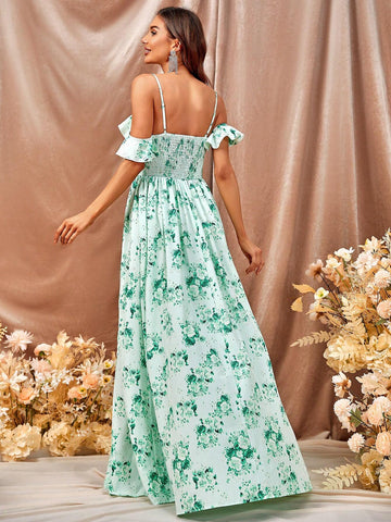 Floral Print Cold Shoulder Split Thigh Bridesmaid Dress