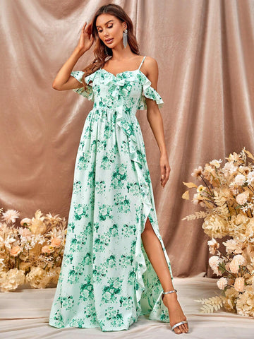 Floral Print Cold Shoulder Split Thigh Bridesmaid Dress