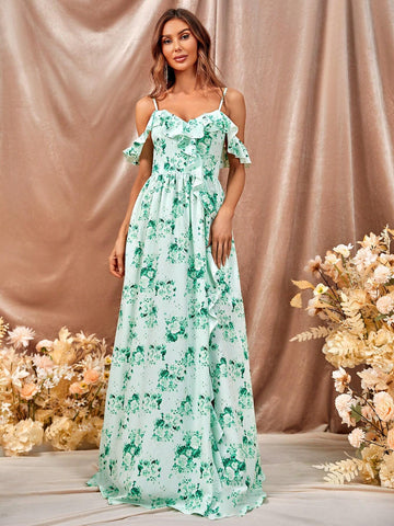 Floral Print Cold Shoulder Split Thigh Bridesmaid Dress
