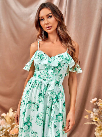 Floral Print Cold Shoulder Split Thigh Bridesmaid Dress