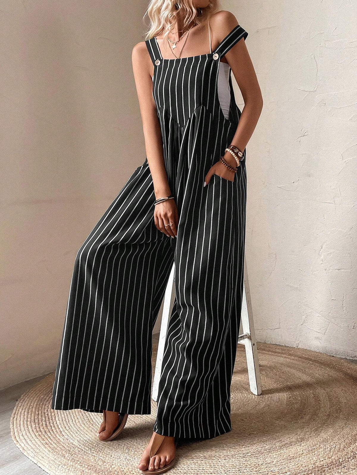 Striped Print Slant Pocket Wide Leg Overalls Without Top