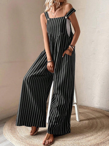 Striped Print Slant Pocket Wide Leg Overalls Without Top