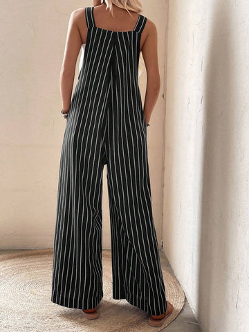 Striped Print Slant Pocket Wide Leg Overalls Without Top