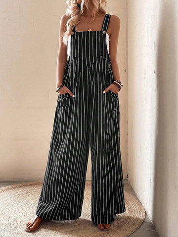 Striped Print Slant Pocket Wide Leg Overalls Without Top