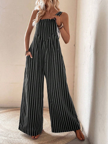 Striped Print Slant Pocket Wide Leg Overalls Without Top