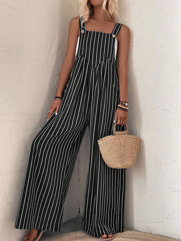 Striped Print Slant Pocket Wide Leg Overalls Without Top