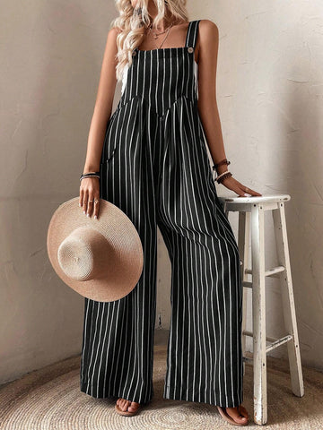Striped Print Slant Pocket Wide Leg Overalls Without Top