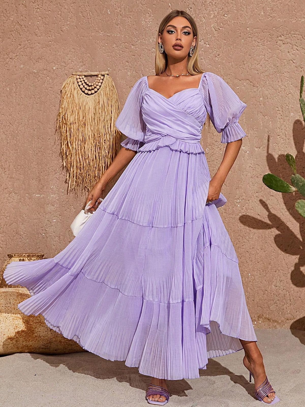 Sweetheart Neck Flounce Sleeve Ruffle Hem Bridesmaid Dress