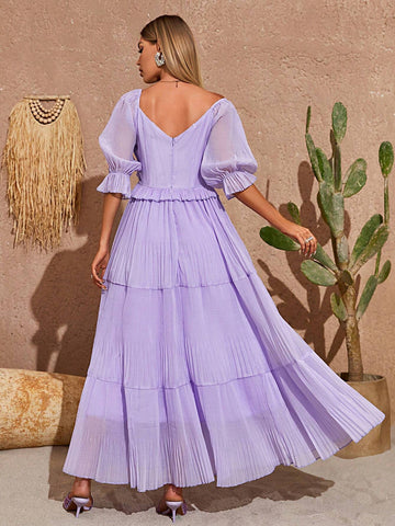 Sweetheart Neck Flounce Sleeve Ruffle Hem Bridesmaid Dress
