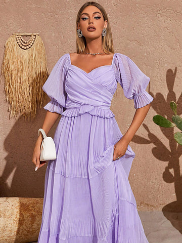 Sweetheart Neck Flounce Sleeve Ruffle Hem Bridesmaid Dress