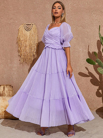 Sweetheart Neck Flounce Sleeve Ruffle Hem Bridesmaid Dress