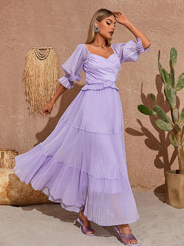 Sweetheart Neck Flounce Sleeve Ruffle Hem Bridesmaid Dress