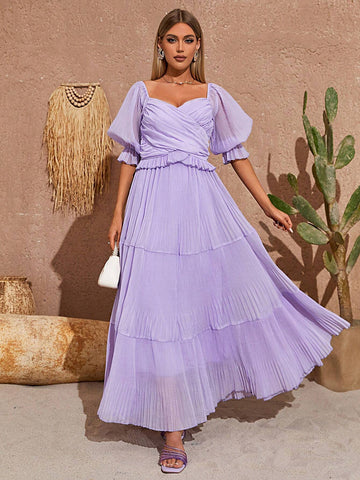 Sweetheart Neck Flounce Sleeve Ruffle Hem Bridesmaid Dress