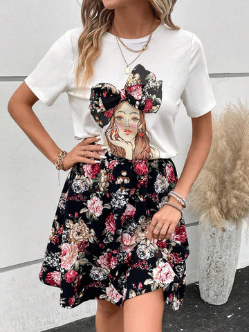 EMERY ROSE Figure & Floral Print Bow Front Tee & Skirt