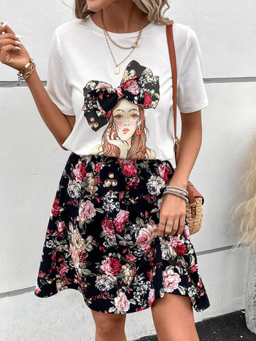 EMERY ROSE Figure & Floral Print Bow Front Tee & Skirt