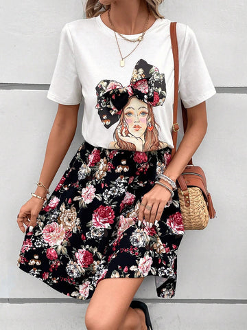EMERY ROSE Figure & Floral Print Bow Front Tee & Skirt