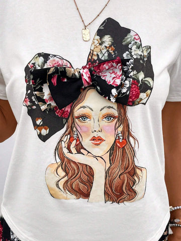 EMERY ROSE Figure & Floral Print Bow Front Tee & Skirt