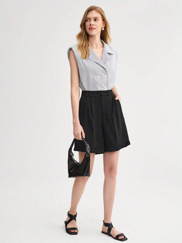 BIZwear Fold Pleated Roll Up Hem Wide Leg Shorts