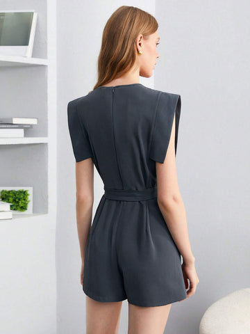 Solid Zip Back Belted Romper