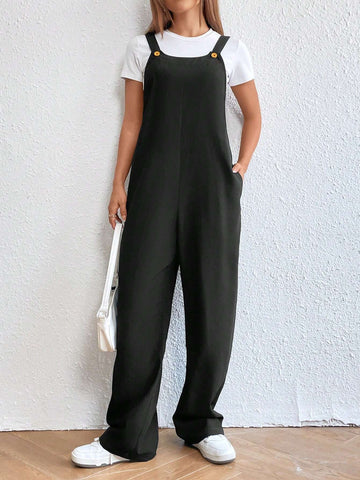 Solid Slant Pocket Overall Jumpsuit Without Tee