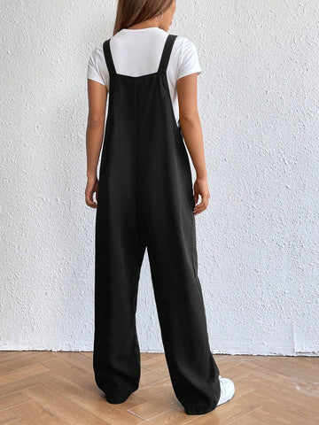 Solid Slant Pocket Overall Jumpsuit Without Tee