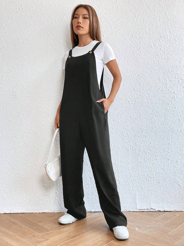 Solid Slant Pocket Overall Jumpsuit Without Tee