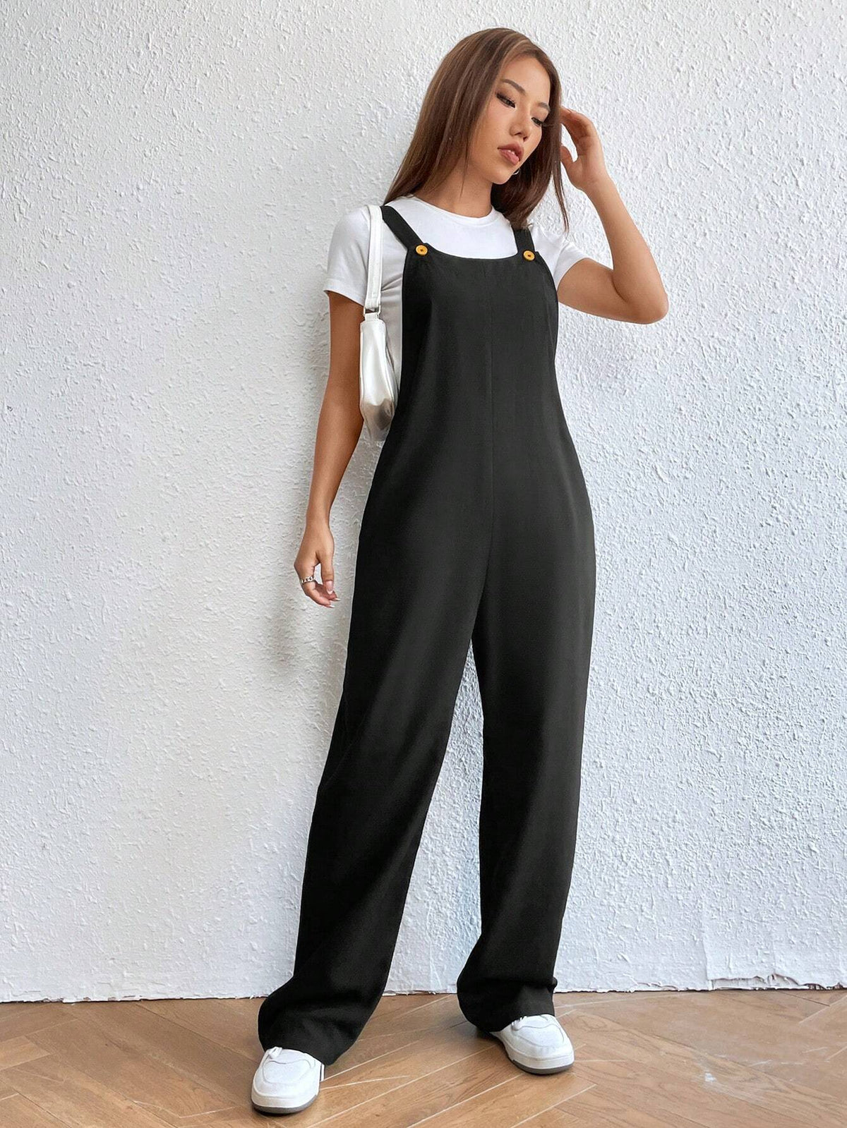 Solid Slant Pocket Overall Jumpsuit Without Tee