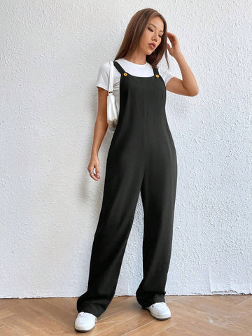 Solid Slant Pocket Overall Jumpsuit Without Tee