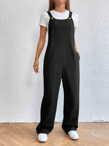 Solid Slant Pocket Overall Jumpsuit Without Tee