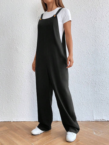 Solid Slant Pocket Overall Jumpsuit Without Tee