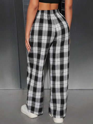 Plaid Print Wide Leg Pants