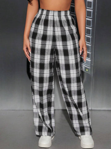 Plaid Print Wide Leg Pants