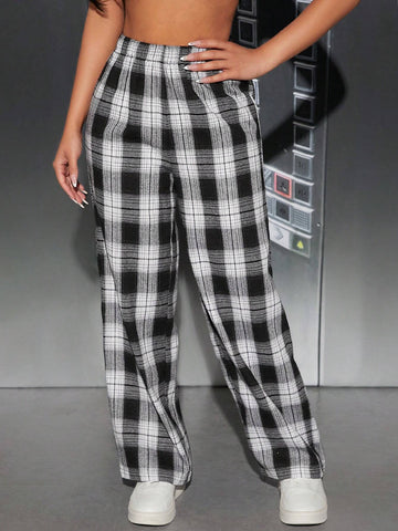 Plaid Print Wide Leg Pants
