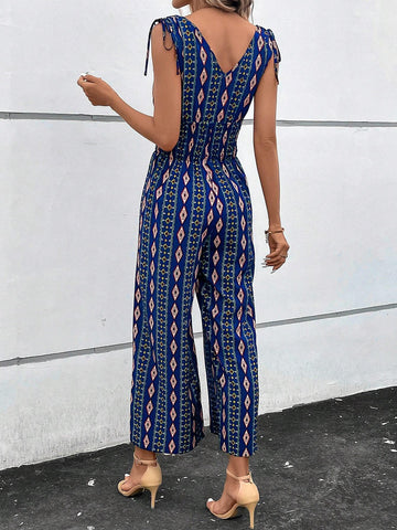 EMERY ROSE Geo Print Tie Shoulder Wide Leg Jumpsuit